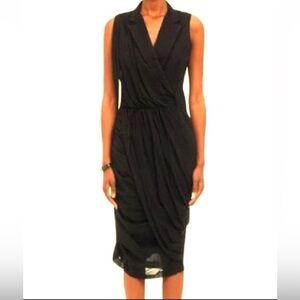 GUC Band Of Outsiders- Black Wool Ruched Tuxedo Midi Dress. Size 0